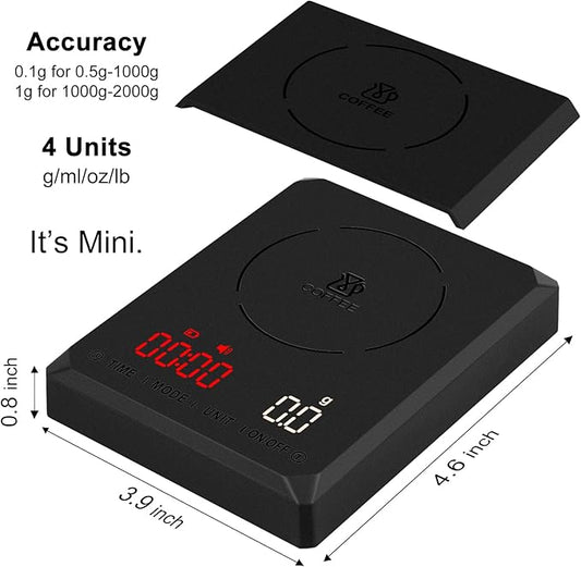 Fuzion Mini Coffee Scale with Timer - Espresso Scale Rechargeable 2kg x 0.1g Accuracy, 3-Mode Timer, LED Display, Digital Coffee Scale for Pour-Over, Espresso, Kitchen Use