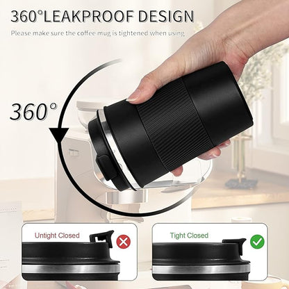 YINBAOGE Insulated Travel Coffee Mug Spill Proof Leak Proof Pobtable To Go Camping Stainless Steel Coffee Tumbler Reusable Coffee Cups with Lids Thermos for Hot and Cold Drink (Black, 12 OZ)