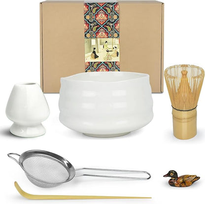 Artcome Matcha Ceremony Kit for Japanese Tea Ceremony, Traditional Matcha Bowl, Whisk, Tea Scoop, Matcha Powder Strainer, Matcha Tea Set For Making Usucha, Koicha and Matcha Latte (White)