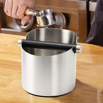 Coffee Knock Box, Espresso Knock Box Stainless Steel Espresso Machine Accessories with Removable Knock Bar and Non-Slip Base Coffee Grounds Container Bin, Large (Silver)