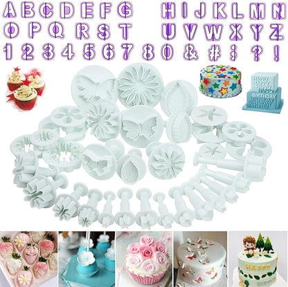 Flower Fondant Cutters,73Pcs Cake Cookie Cutter Plunger Sugarcraft Alphabet Letters Decorating Tools,Sunflower Rose Leaf Butterfly Heart Star Carnation Hollow Calyx Cutter Molds,Icing Modelling Kit