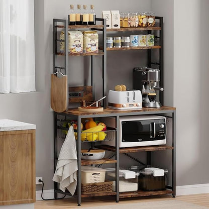 Standing Kitchen Baker’s Rack, Bakers Rack with Power Outlet, 6-Tier Microwave Stand, Coffee Bar with 12 S-Shaped Hooks, Kitchen Shelf with Storage, Coffee Bar Station, for Rustic Brown