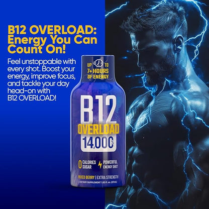 B12 Overload Extra Strength Energy Shot – Mixed Berry – 260mg Caffeine, 14000% B12, Electrolytes – Energy & Vitality Support – Zero Sugar No Calories – Vegan, Kosher, Gluten-Free – 1.93 fl oz, 12-Pack