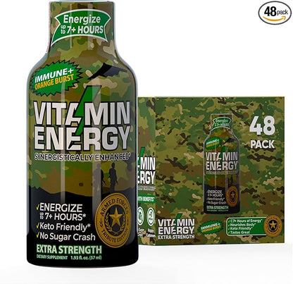 Vitamin Energy Immune+ Extra Strength Energy Shot Army Orange 48 Pack, 260mg Natural Caffeine, B-Vitamins, Citicoline, Green Tea, Immunity & Focus Support, Zero Sugar, Gluten-Free 1.93 fl oz