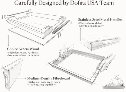 Acacia Wood Serving Tray with Metal Handles, 17x13in Food Drinks Tray for Coffee Table, Breakfast, Dinner & Bar, Rustic Decorative Storage Tray for Ottoman, Kitchen, Packaging