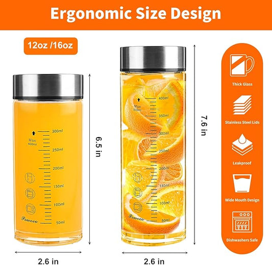 Glass Juice Bottles 6 Pack 16 oz - Wide Mouth Glass Water Bottles with Lids - for Juicing, Protein, Smoothie, Milk, Reusable, BPA Free, Stainless Steel Lids, Blender, Shaker Bottle (16oz/500ml)