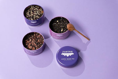 JusTea PURPLE TEA TRIO | 3 Flavour Tin Variety Pack with Hand Carved Tea Spoon| 45+ Cups of Loose Leaf Tea | Very Low Caffeine | Fair Trade | Non-GMO