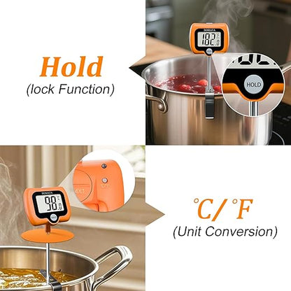 BOMATA Candy Thermometer with Pot Clip, Instant Read Cooking Thermometer with 8" Long Probe, Rotating Display, for Candy Making, Food, Candle Making, Liquids, Water, Baking, Sugar, Grilling. Orange