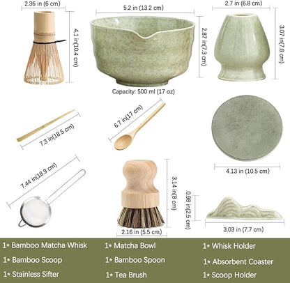 Japanese Matcha Set, Matcha Bowl with Spout and Coaster, Matcha Whisk and Holder, Sifter, Scoop, Spoon, Cleaning Brush,10 Pcs Complete Ceramic Matcha Kit