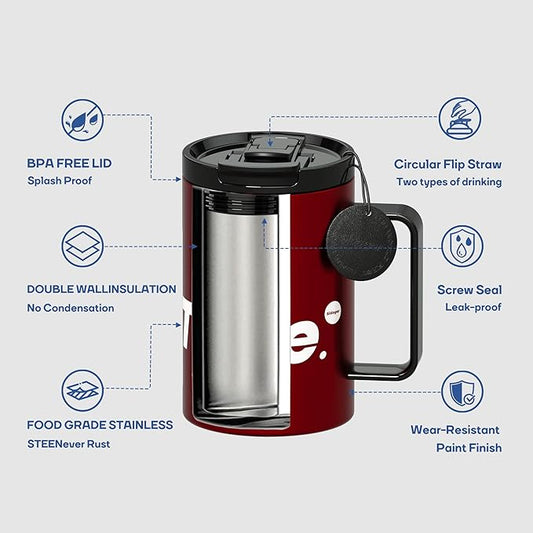Sidagar+ 18 OZ z Stainless Steel Insulated Coffee Mug with Handle and Lid, Double Wall Vacuum Travel Mug, Tumbler Cup with Sliding Lid, Resuable Insulated Coffee Tumbler, Red