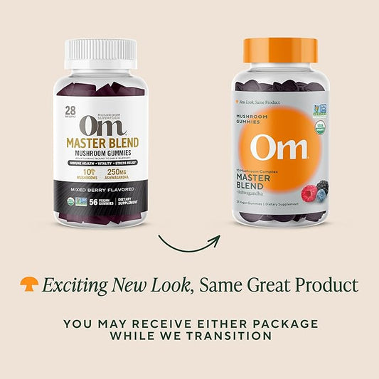 Om Master Blend Mushroom Gummies - Organic Mushroom Supplement with 10 Mushrooms and Ashwagandha – Support Immunity, Gut Health & Stress Relief, 56 Count (28 Servings), Mixed Berry Flavor