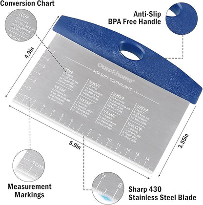 Ourokhome Dough Pastry Bench Cutter Scraper, Stainless Steel Pizza Cutter for Kitchen Baking, Dishwasher Safe, Anti-Wear Laser-Engraved Measuring Scale and Conversion Chart, 2 Pack, Blue