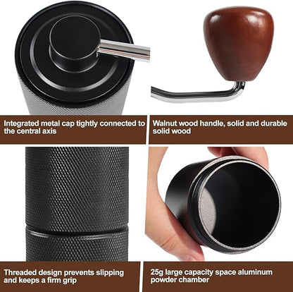 Manual Coffee Grinder Detachable Stainless Steel Conical Burr Aluminum Coffee Bean Grinder with 25 Grinding Settings Cleaning Brush Grindable Espresso Moka Pot French Press for Camping Black