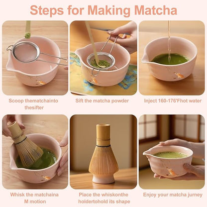 Matcha Whisk Set, 7PCS Matcha Set Includes Ceramic Matcha Set Includes Matcha Bowl, Matcha Whisk and Holder, Bamboo Scoop, Scoop Rest, Sifter and Tea Towel, Gift Bag (Pink)