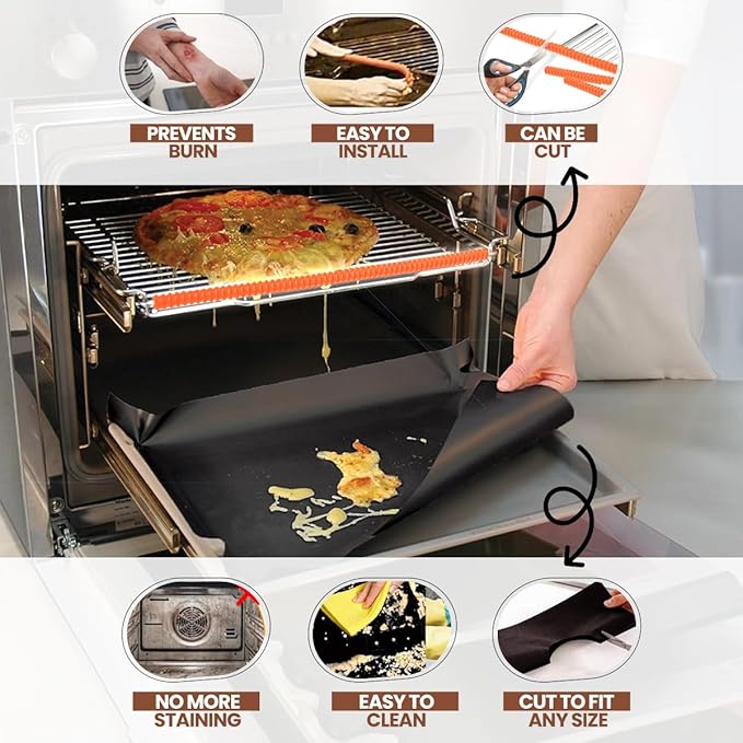 Oven Liners for Bottom of Oven Black (2-pack) Bundled with Rack Shield (2-pack) - Large Mat for Bottom of Range (17"x 25") and 22" Orange Stove Guards for Racks - Reusable & Heat Resistant
