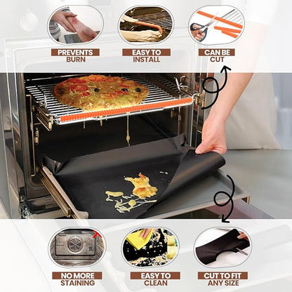 Oven Liners for Bottom of Oven Black (2-pack) Bundled with Rack Shield (2-pack) - Large Mat for Bottom of Range (17"x 25") and 22" Orange Stove Guards for Racks - Reusable & Heat Resistant