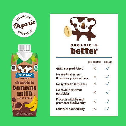 Mooala - Organic Chocolate Bananamilk, Lunchbox Friendly, Shelf-Stable, Non-Dairy, Nut-Free, Plant-Based Beverage, On the Go 12 Pack
