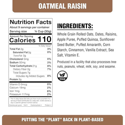 PLANTSTRONG Classic Oatmeal Raisin Cookie Granola Snack Mix - Whole Grain, Naturally Sweetened With Fruit, Plant Based, Oil Free - Pack of 4 x 9oz Bags