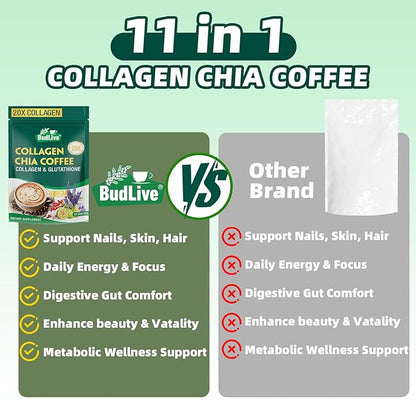 20X Collagen Chia Coffee, 11 in 1 Shape Coffee Mix with Collagen & Chia Seeds, Goji Berry, Supports Hair, Skin & Nails, Boost Beauty & Energy, Sugar Free, Vegan, Gluten-Free, 30 Servings