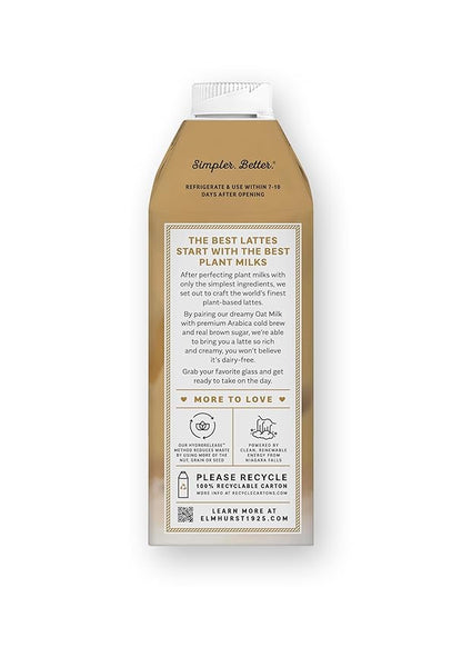 Elmhurst 1925 Brown Sugar Oat Milk Latte – Plant-Based, Vegan, Dairy-Free Latte Made of Whole Grain Oats, Cold Brew Premium Arabica with 95mg Caffeine & Real Brown Sugar – 25.4oz (Pack of 6)