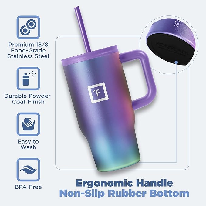 IRON °FLASK Co-Pilot Insulated Mug w/Straw & Flip Cap Lids - Cup Holder Bottle for Hot, Cold Drink - Leak-Proof - Water, Coffee Portable Travel Mug - Sand, 16 Oz
