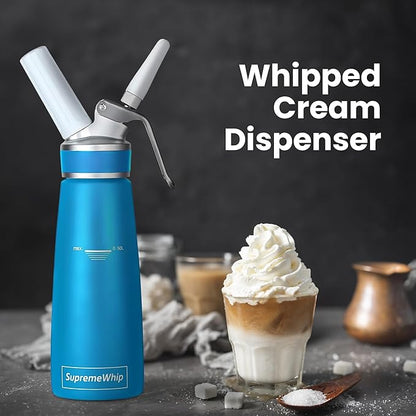 PRO Cream Dispenser, Durable High-Grip, Metal Lid with Rubber, 3 Nozzles, for Hot/Cold Use, Cleaning Brush Included, Blue - 500 ml / 1 Pint