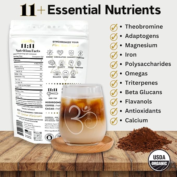 Organic Mushroom Coffee with Cacao – 11x Adaptogenic Mushrooms for Focus, Clarity & Energy – Lion’s Mane, Reishi, Chaga + Nootropic Superfood by OhmYes (7oz) - 99 Servings