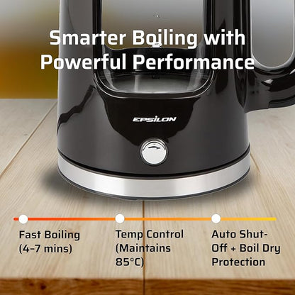 Epsilon 1.7L Glass Electric Kettle – Hot Water Tea Kettle with LED Light, Stainless Steel & Borosilicate Glass, Auto Shut-Off, BPA-Free Electric Teapot, 1500W Fast Boil, Cool Touch