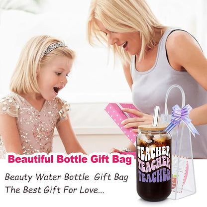 Teacher Appreciation Gifts - 4Pack End of Year Teacher Gifts for Women Men, 18oz Teachers Glass Cup with Bamboo Lid and Straw Glass Coffee Cups Unique Thank You Teachers Tumbler Mug Gift from Students