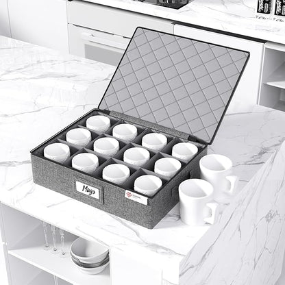 YearningHome Cup and Mug Storage Box with Hard Shell and Dividers for Coffee Mugs,Tea Cups and Glasses,Stackable Storage Organizers with Lid,Handles,Zips and Lable for Moving,Holds 12,2 Pack, Grey