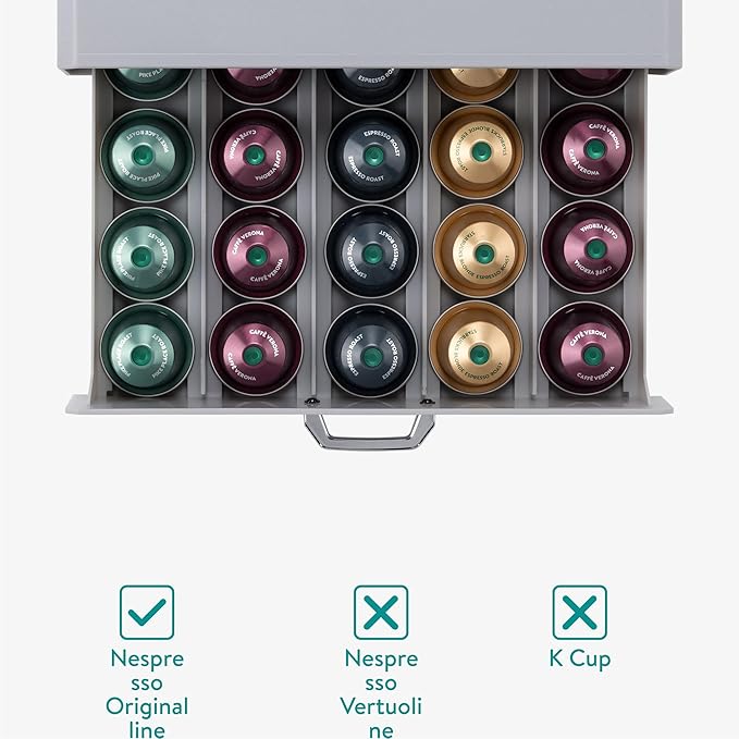 Navaris Coffee Pod Holder Drawer - 50 Capsule Storage Organizer Tray Counter Container - Fits Standard Sizes of Pods and Capsules - 1 Drawer Design - Gray