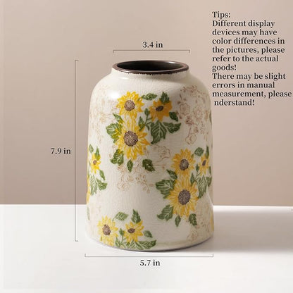 Vintage Ceramic Vase, 7.9 Inch Chinoiserie Sunflower Yellow Floral Vases, Retro Ice Cracked Rustic Antique Flower Vases for Modern Coffee Table Home Decor (Medium Cylinder)