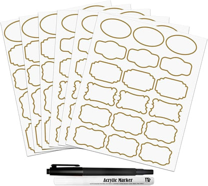 Kitchen Pantry Food Containers Clear Labels with Gold Border, 93 Waterproof Removable Write-on Sticker Labels Tags to Organize Spice Jars Condiment Flour Sugar Canisters Storage Bins, Free 2 Markers