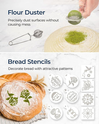 Banneton Bread Proofing Basket Set of 2 (10" Round & Oval Rattan) - Sourdough Bread Baking Supplies with Exclusive Bakers Couche, Dough Whisk, Dough Scraper, Bread Lame & Sourdough Starter Kit