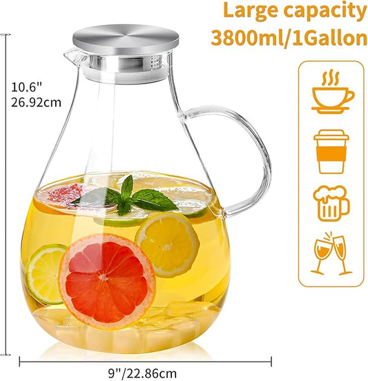 UNBREAKABLE - 1 Gallon Glass Pitcher – 3800ml Heat-Resistant Borosilicate Water Jug with Stainless Steel Lid, Easy to Clean, Handmade Carafe for Hot & Cold Drinks – Modern Style for Home or Office