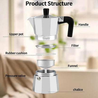 Mongdio Stovetop Espresso Maker Moka Pot, Stove Top Cuban Coffee Maker, Italian Greca Mocha Pot, 3 Espresso Cups, 5 oz - Silver