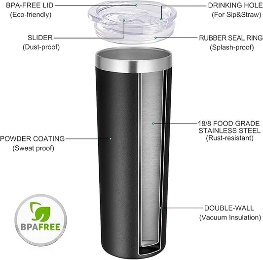 VEGOND Stainless Steel Tumblers Bulk 6 Pack, 20 oz Vacuum Insulated Skinny Tumblers with Lid and Straw, Double Wall Coffee Mug, Travel Water Cup, Black
