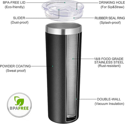 VEGOND Stainless Steel Tumblers Bulk 8 Pack, 20 oz Vacuum Insulated Skinny Tumblers with Lid and Straw, Double Wall Coffee Mug, Travel Water Cup, Black