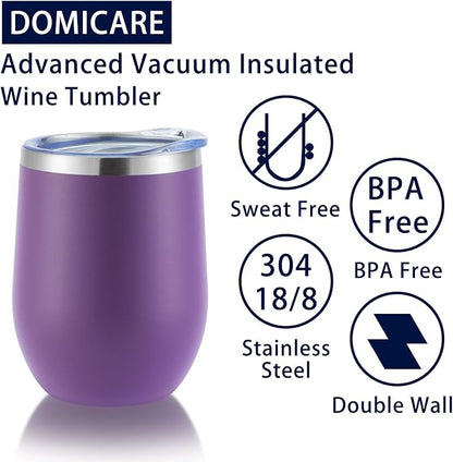 DOMICARE Stainless Steel Wine Tumbler Bulk with Lid, Personalized Insulated Tumblers Set, 12oz Travel Coffee Cups Pack of 4, Purple