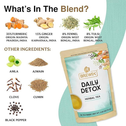 BREWIX, Ayurvedic Detox Herbal Tea Bags (30 Pyramid Tea Bags) Caffeine-Free Herbal Tea | Cleansing Formula with Traditional Ayurvedic Herbs | Supports Digestion, Balance & Daily Vitality