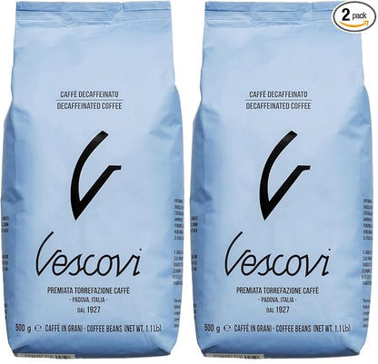 V Vescovi Decaf Espresso Beans – Smooth & Balanced, Medium Roast, Roasted in Italy, 1.1 lb (500g) (Pack of 2)