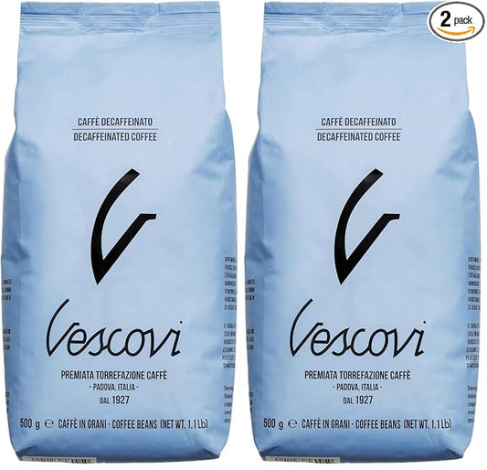 V Vescovi Decaf Espresso Beans – Smooth & Balanced, Medium Roast, Roasted in Italy, 1.1 lb (500g) (Pack of 2)