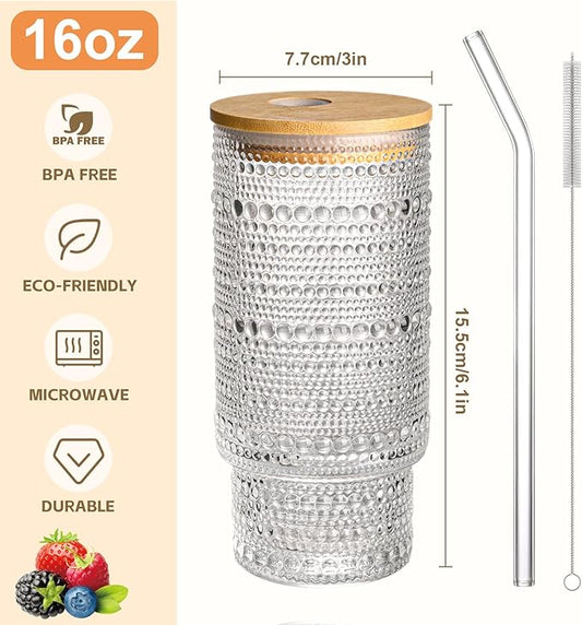 16OZ Glass Tumbler with Straw and Lid,Glass Cups with Lids and Straws,Ribbed Iced Coffee Cups Vintage Embossed Glassware for Juice Whiskey Cocktail Beer(4Pack)