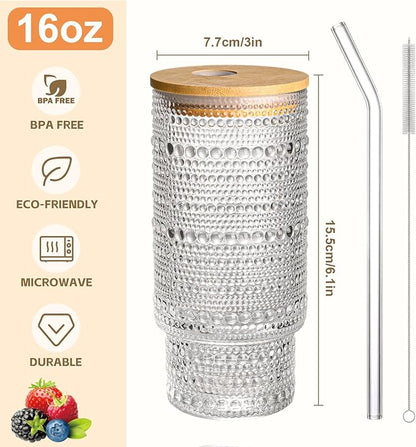 16OZ Glass Tumbler with Straw and Lid,Glass Cups with Lids and Straws,Ribbed Iced Coffee Cups Vintage Embossed Glassware for Juice Whiskey Cocktail Beer(2Pack)