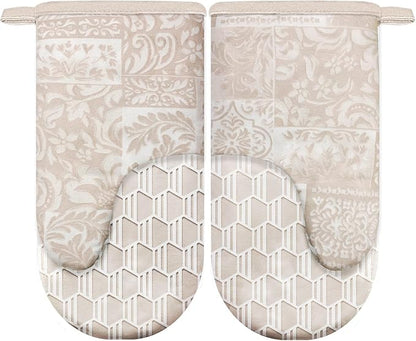 Thumb Oven Mitts, Heat and Slip Resistant Silicone Kitchen Mittens 2-Pack Set, Khaki Patchwork Flower Soft Long Oven Gloves, Flexible Thick Potholders for Safe Baking Cooking and Grill(Khaki)