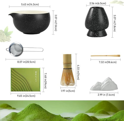 Matcha Whisk Set, Ceramic Matcha Set with Spout, Matcha Bowl Kit with Sifter, Whisk and Holder, Bamboo Scoop, Scoop Rest, Tea Towel, 7 Pcs Matcha Kit Set for Making Breakfast/Latte for Matcha Lovers