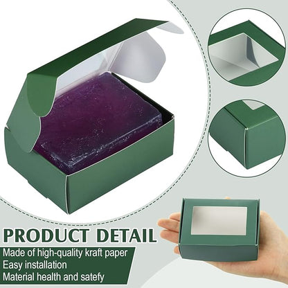 Zonon 30 Pcs Soap Boxes for Homemade Packaging, Mini Kraft Treat Boxes with Window for Bakery Candy Soap Making Gift Packaging(3.7 x 2.6 x 1.37 Inch,Green)