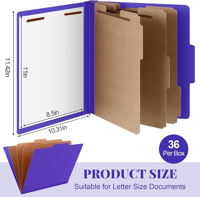 36 Pcs Classification Folders Letter Size, Back to School Supply for Teacher, Student, 3 Dividers Pressboard File Folder Bulk with 2 Fasteners, 3.5 Inch Expanding File Organizer (Purple)