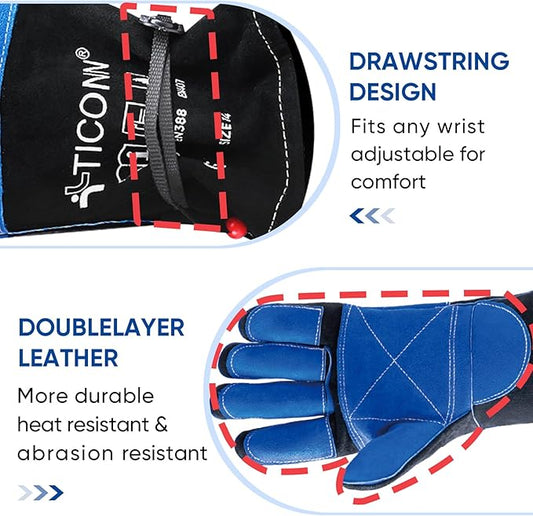 TICONN Welding Gloves, 1000°F Heat-Resistant Fireproof Leather Gloves for Welders, Stick, Forge, Mig, Tig, BBQ, Baking, Oven