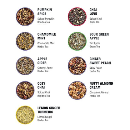Tiesta Tea Fall Medley Dry Flight Set – Assorted Herbal, Black, Chai, and Fruit Tea Blends for Hot or Iced Brewing, Caffeine Free Loose Leaf Sampler Set with 9 Resealable Pouches